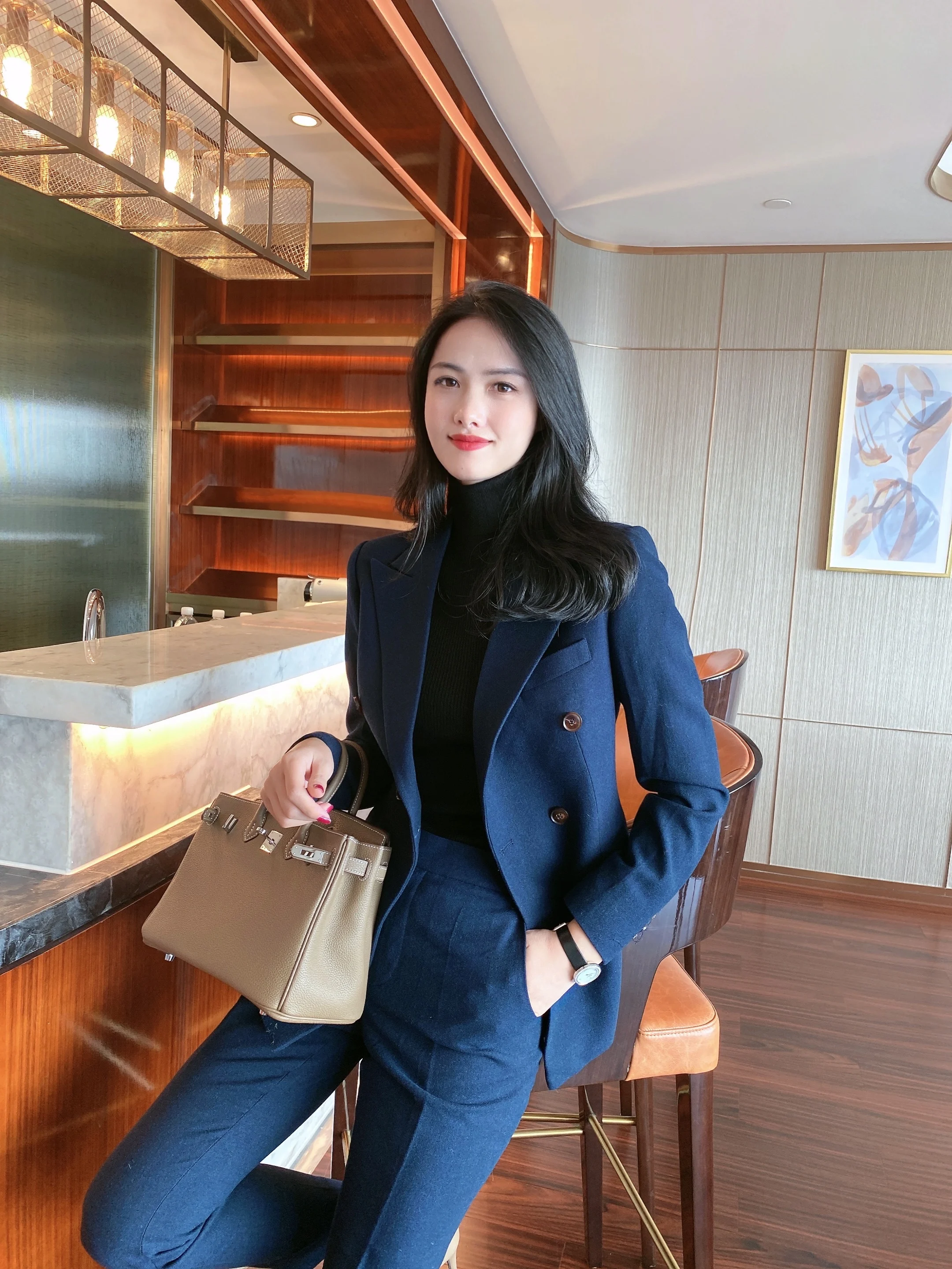 

Autumn Winter Thiened Slimming Profional Women's Suit Set Deep Blue Doublebreasted Long Sve Commute Sle Pure Color