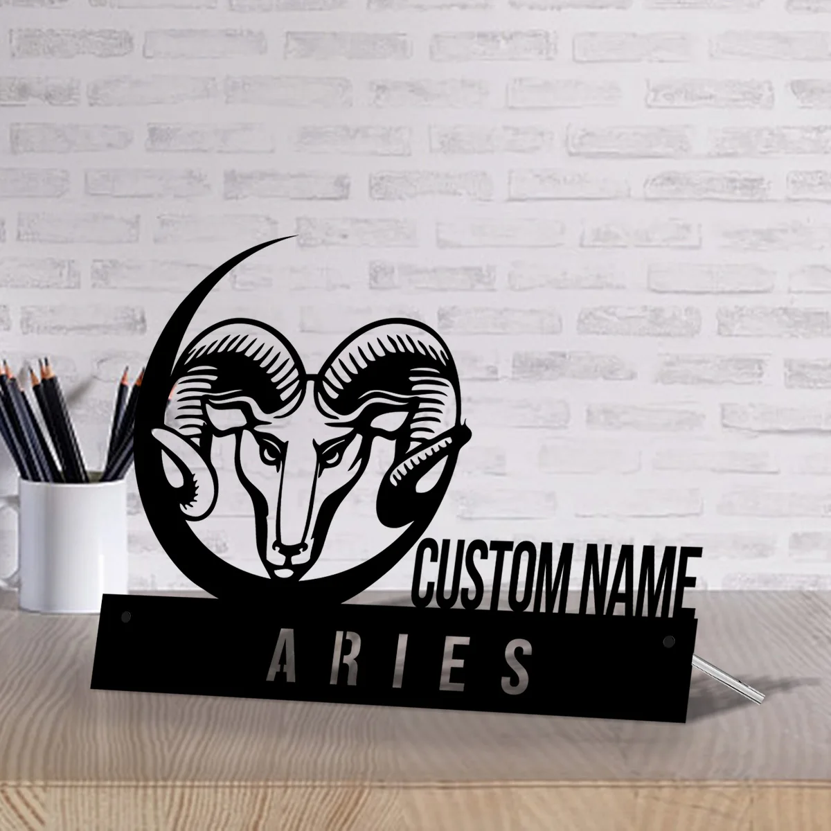 Custom Aries Desk Name Plate Wedge,Personalized Zodiac Horoscope Nameplate Office Sign Shelf Tabletop Company Astrology Plaque