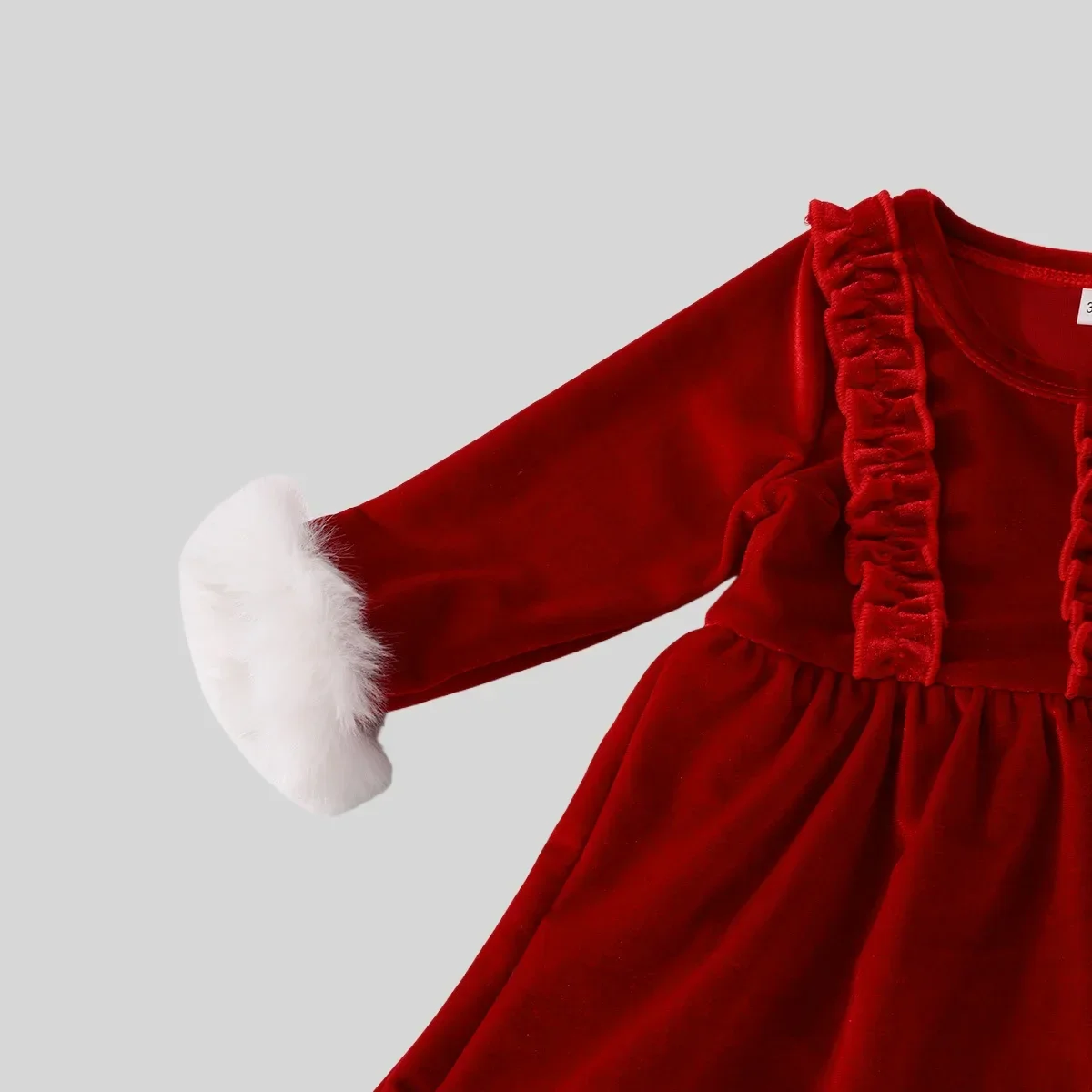 ชุดเดรสเด็กผู้หญิงสำหรับคริสต์มาส 1-18 เดือน ผ้ากำมะหยี่ แต่งขนเฟอร์ที่ปลายแขนและชายกระโปรง  ชุดเดรสปาร์ตี้น่ารักสีแดงสำหรับเด็กทารก