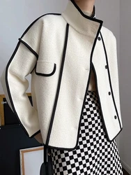 Giacca Patchwork in pelle scamosciata a contrasto di lana donna colletto alla coreana miscele manica lunga monopetto cappotto invernale Vintage autunno top cappotti