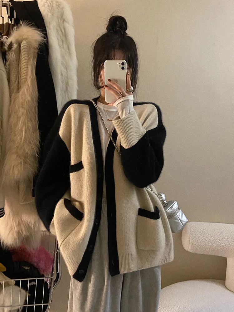 

Retro Loose Women's Sweater Autumn Winter V-ne Button-up Long Sve Knitwear Comfortable Lazy Sle Korean Design Sensation