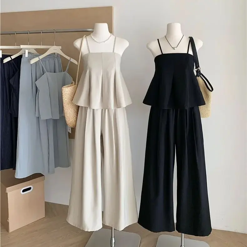 

French suspender suit for women 2025 summer sweet age-reducing design sleeveless top wide-leg pants two-piece set