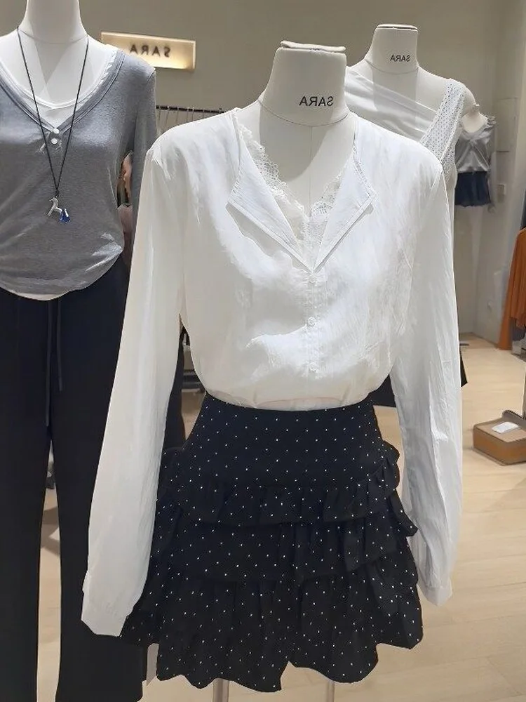 

Elegant White Lace Splice Long Sleeve V-Neck Women's Shirt Spring Fashion Casual Loose Fit Breathable Comfortable Top