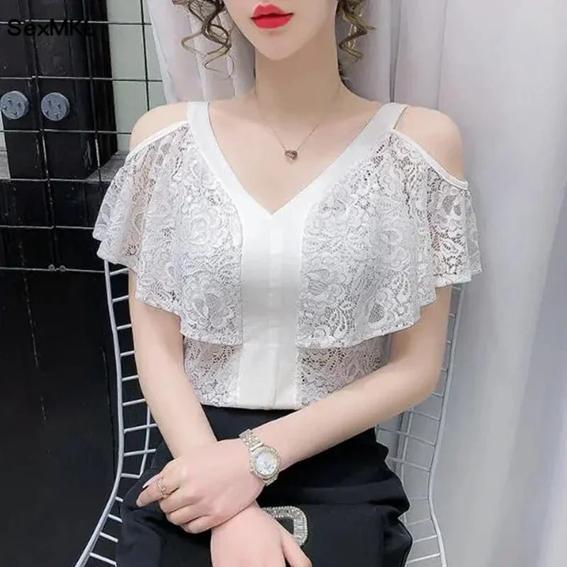 Fanshion Off Shoulder Lace Blouses Summer Women Sexy Streetwear Ruffles Blusas Femininas Korean Clothes White Black Ladies Tops