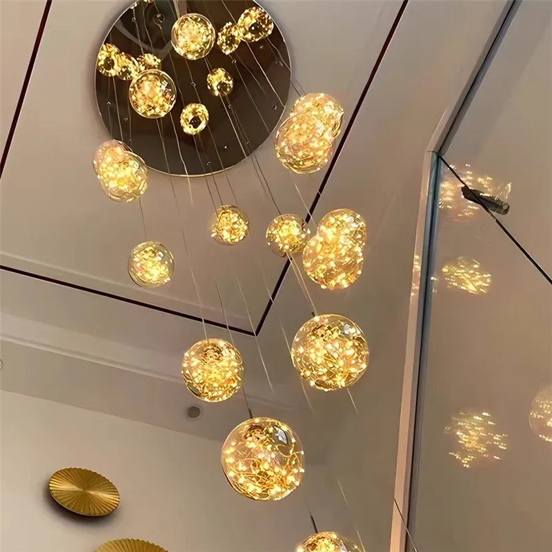 

Nordic Starry Pendant Lights led glass ball lamp for Living Dining Room loft Staircase Chandelier Villa Duplex long Hang Light