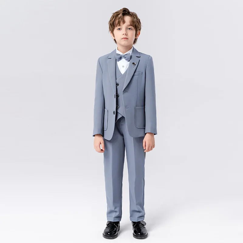 7PCS Blue Suit Boys Formal Child Clothes Blazer+Vest+Shirt+Trousers+Accessory Kids Wedding Tuxedo Solid Suit Set Stage Performan