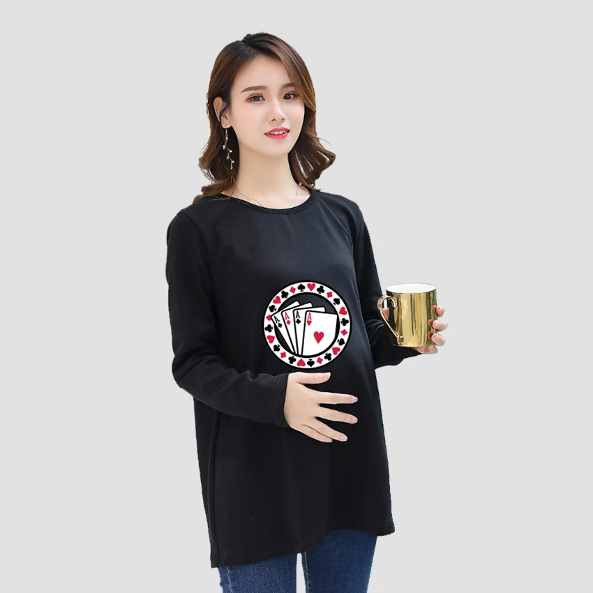 Pregnant T-Shirt Girl Maternity Pregnancy Flattering Long SleeveShirt Mom A poker Printed Customized Women Add Your Design