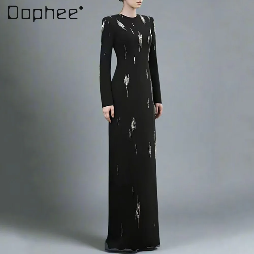 

French High-end Beaded Sequin Crew Neck Dress Temperament Slim Black Dresses Heavy Industry Fashion Long Dress for Women