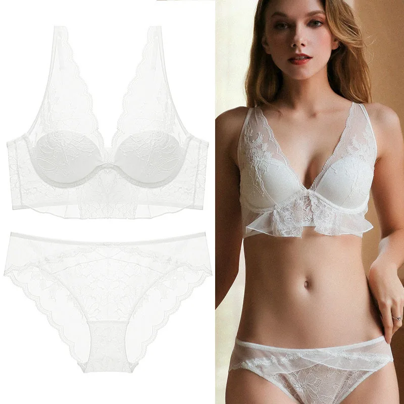 

Thin Cotton Comfortable Lace Oversized Underwear Suit Plus Size C D Cup Lingerie Push Up Bra Set Lace French Sexy Lingerie