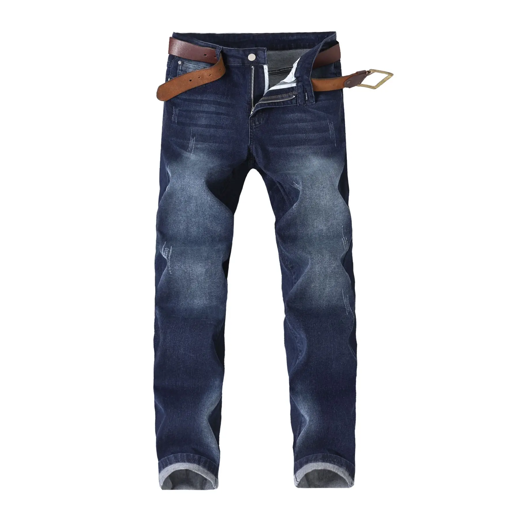 Spring and Autumn New European and American Men's Large Straight leg Jeans High Elasticity Washed Blue Slimming Denim Pants