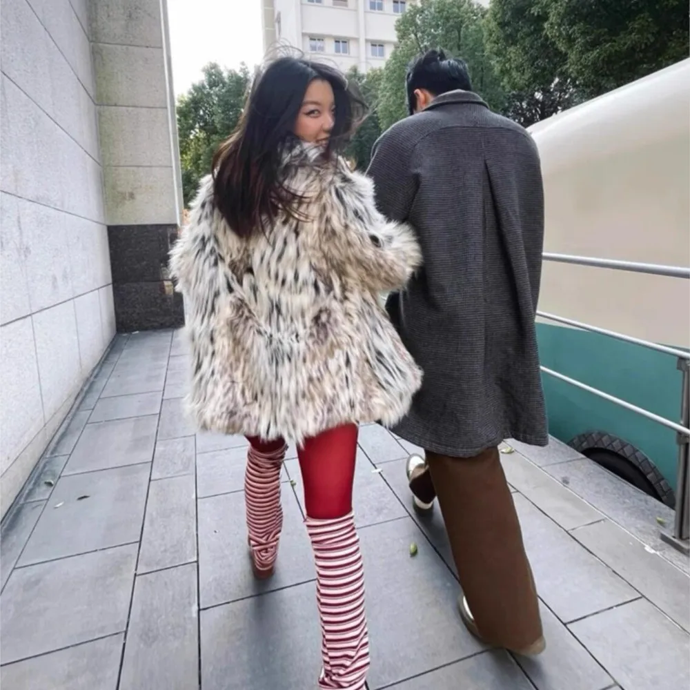 الشتاء التدرج ليوبارد طويل شعر أشعث فو الفراء معطف طويل الأكمام فروي المرأة سترة دافئة ميدي معطف ملابس خارجية فضفاضة