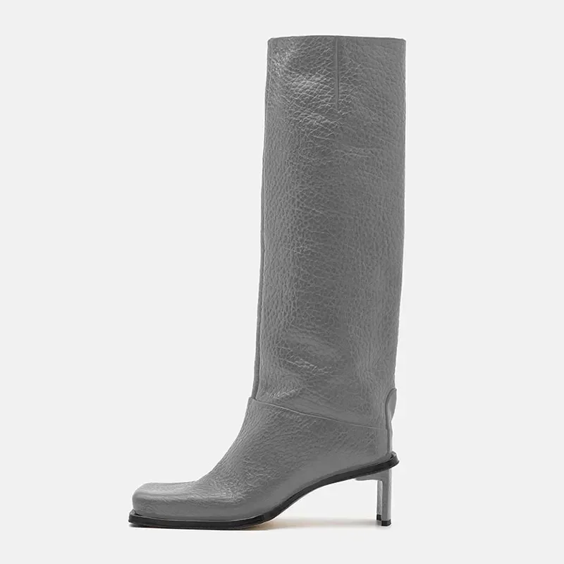New Fashionable Square Head High Heels Women\'s Knee Length Boots with Side Zipper Stone Pattern Women\'s Mid Length Boots