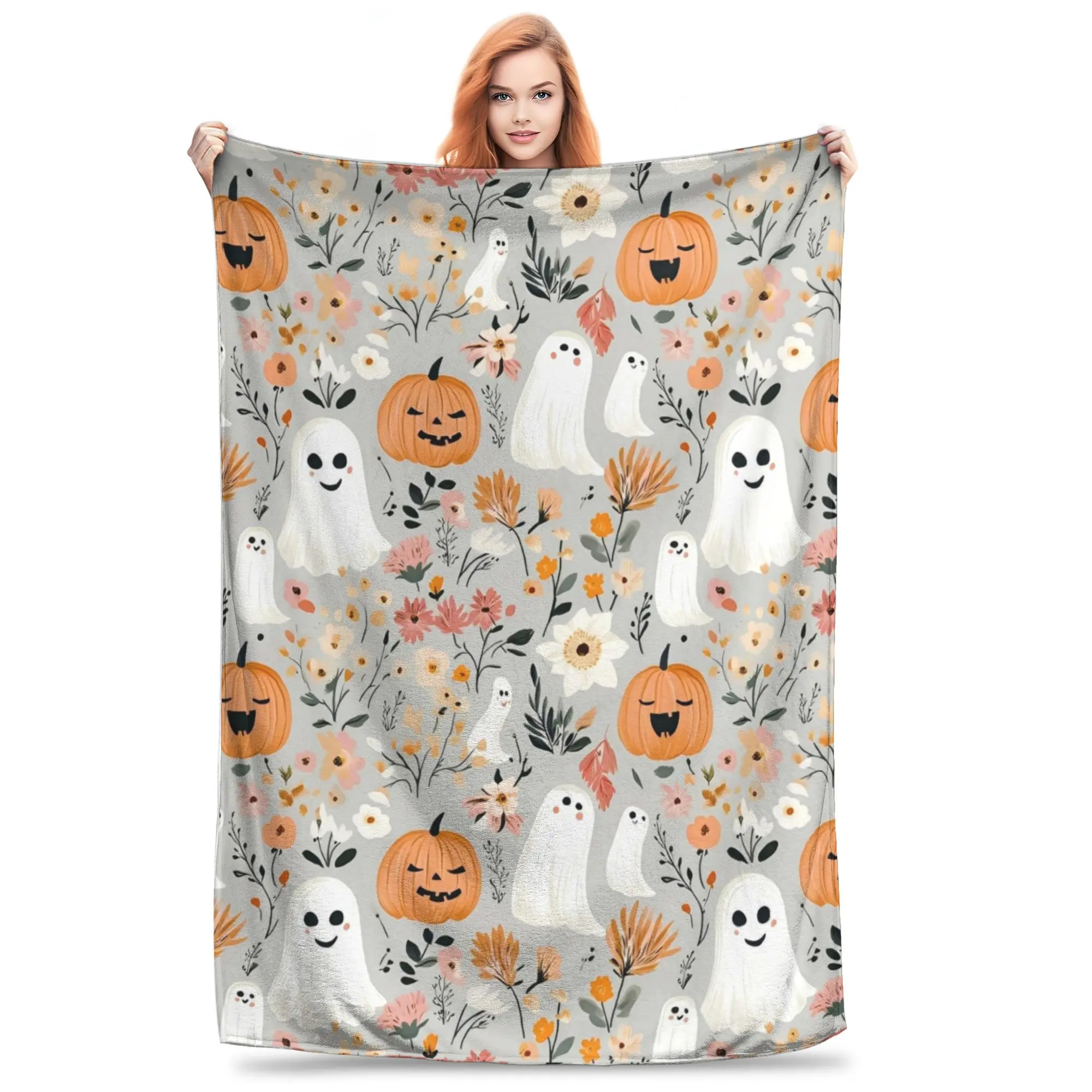 

Halloween Ghosts Foral Flannel Throw Blankets Pumpkin Blanket for Home Office Warm Bedding Throws