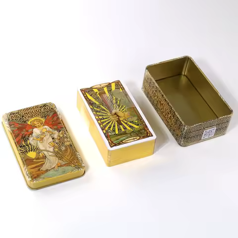 Golden Art Nouveau Tarot Deck In A Tin Box Gilded Edge for Fortune Telling Game Card