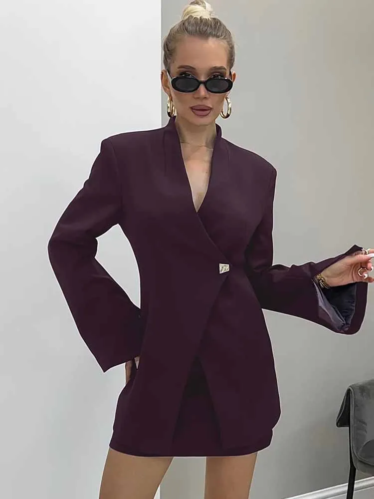 

MCDV Fashion Solid Blazer Skirt Suit Women Autumn Long Sleeve V-neck Slim Jacket Mini Skirt Two Piece Set Lady Formal Elegant