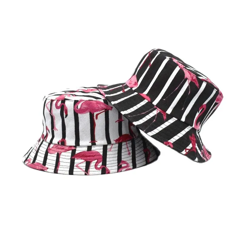 New Street Flamingo Printed Double-sided Bucket Hat Outdoor Fashion Panama Fisherman Caps for Both Men and Women Harajuku F67