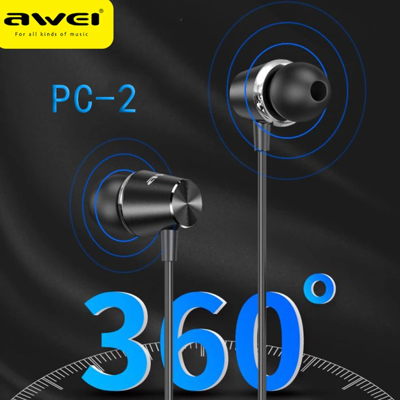 Awei PC-2 Wired Headphone Black Color Headphones with Microphone 1.5m Earbuds Headset for All Sports Earphones