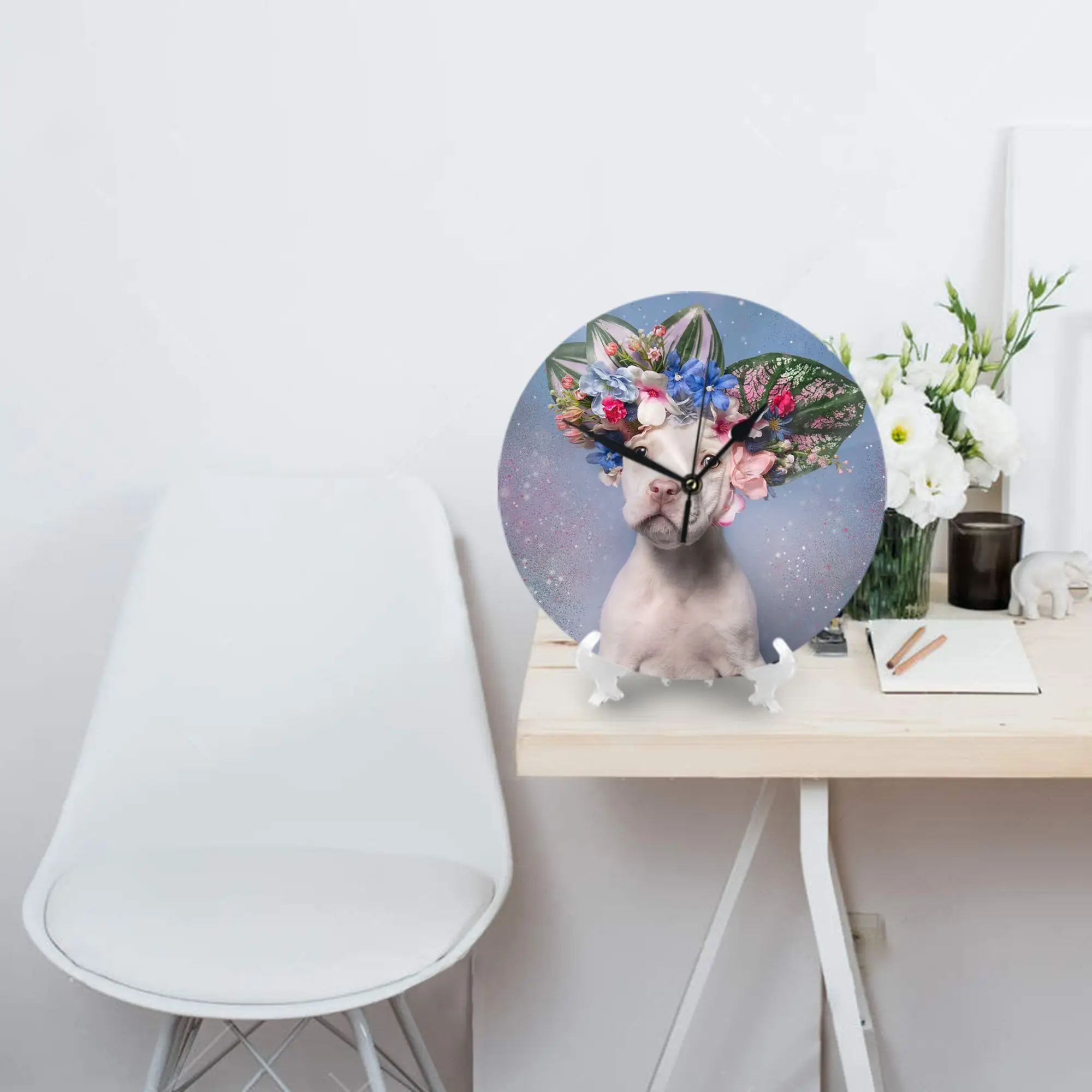 

Pit Bull Flower Power, настенные часы Apollo, украшение комнаты, бесшумные круглые часы для спальни, гостиной, кухни, дома
