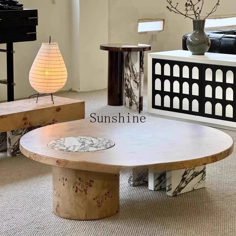 

Medieval solid wood Bulgari coffee table light luxury marble round coffee table combination modern home