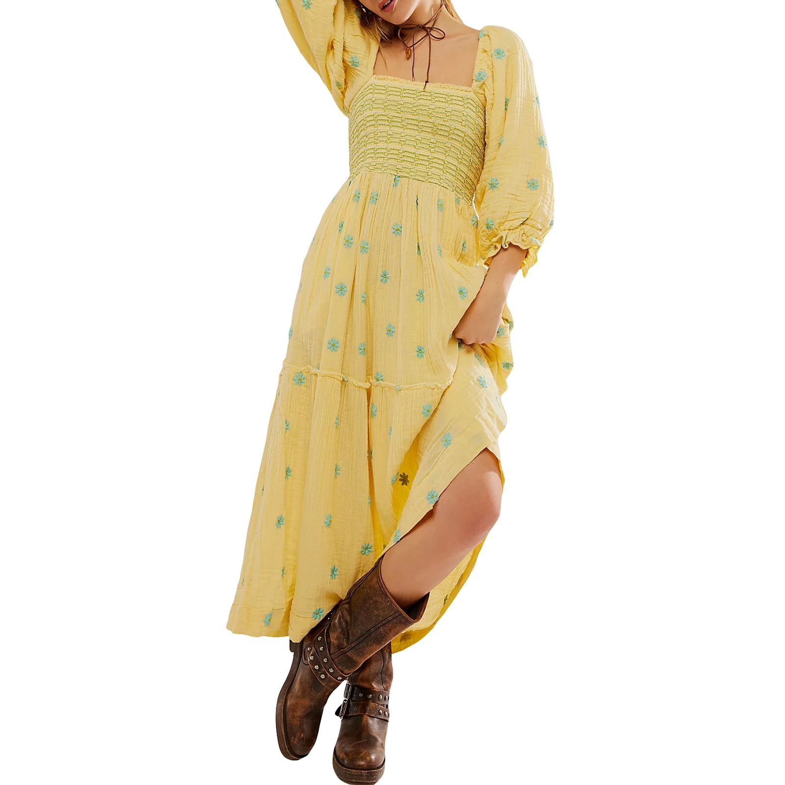 Dames Zomer Casual Lange Jurk 3d Geborduurde Bloemen Jurk Met Vierkante Hals En Pofmouwen, Mode Jurk Met Rugloze A-Lijn