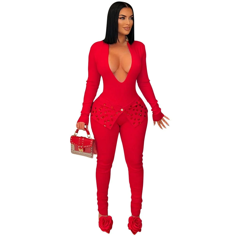 Body sexy con strass V-Ne Pantaloni a matita dimagranti Lunghi Sve Abbigliamento da donna in puro colore CY Marca Spring Faion