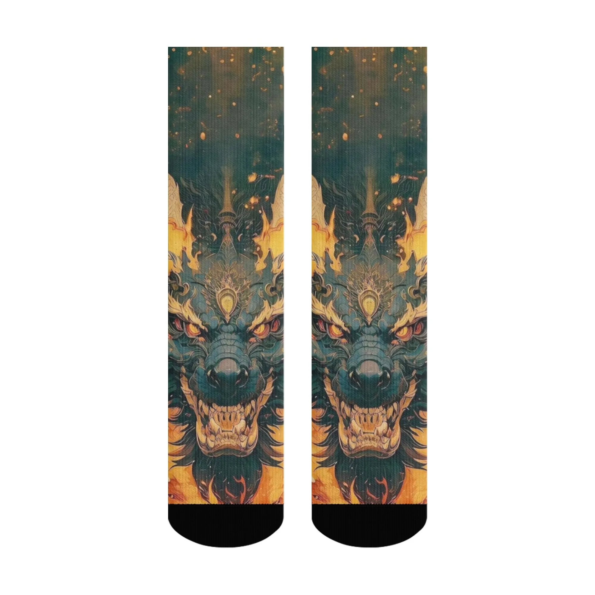 Mystische chinesische Drachen-Crew-Socken, Fantasy-Biest mit Kopf und Drachenflügeln, farbenfrohe schillernde Schuppen für kräftige Mode-Statements
