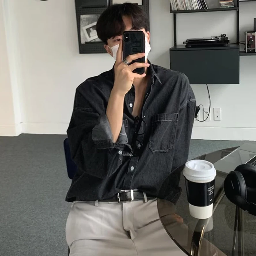 

Американская джинсовая рубашка в стиле ретро, мужская легкая свободная рубашка с длинными рукавами, высококачественная рабочая одежда с несколькими карманами, летняя модная одежда