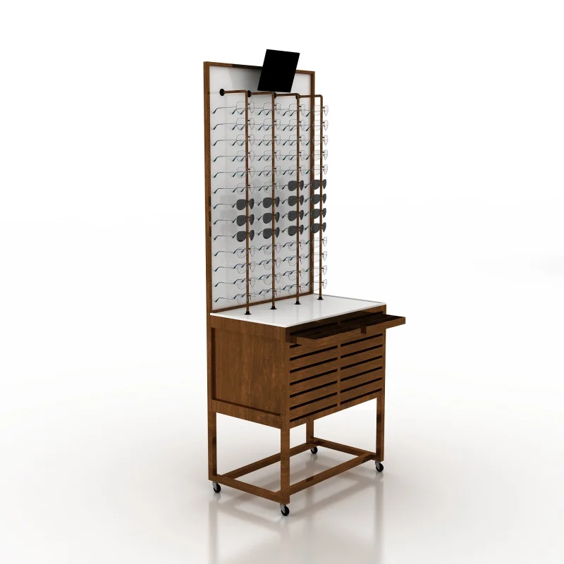 custom.Custom retail eyewear showcase design oak wood floor lenses optical shop display cabinet with wheel