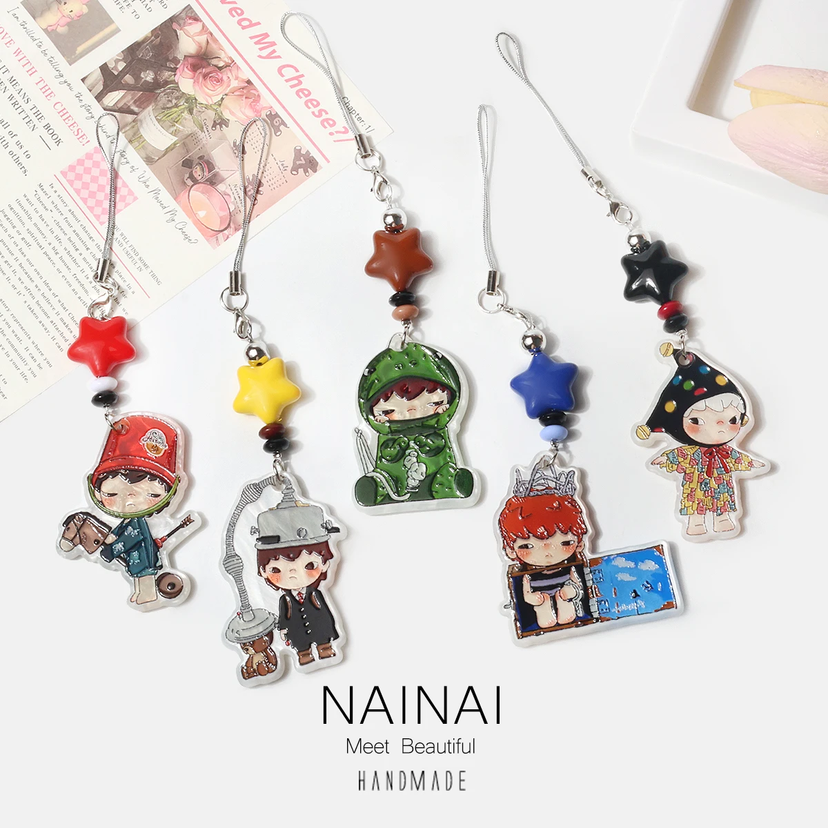 Cartoon Q Version Acrylic Keychain  Star Beaded Hanging Rope Bag Decor Fan Gift Celebrity Pursuit Bag Accessory