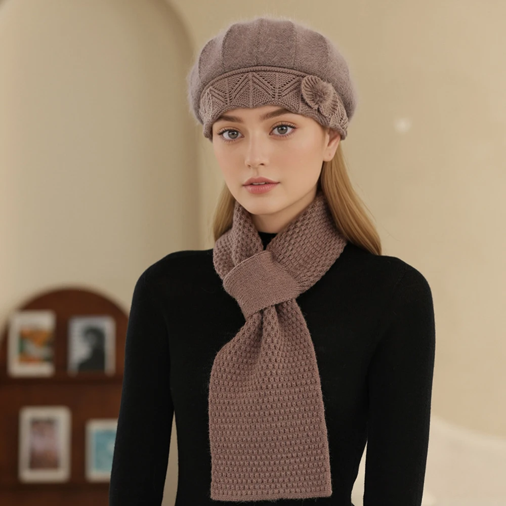 الشتاء أمي قبعة وشاح المرأة المألوف الأرنب الفراء قبعات منسوجة الطقس البارد قبعة تدفئة عادية في الهواء الطلق محبوك قبعة #6