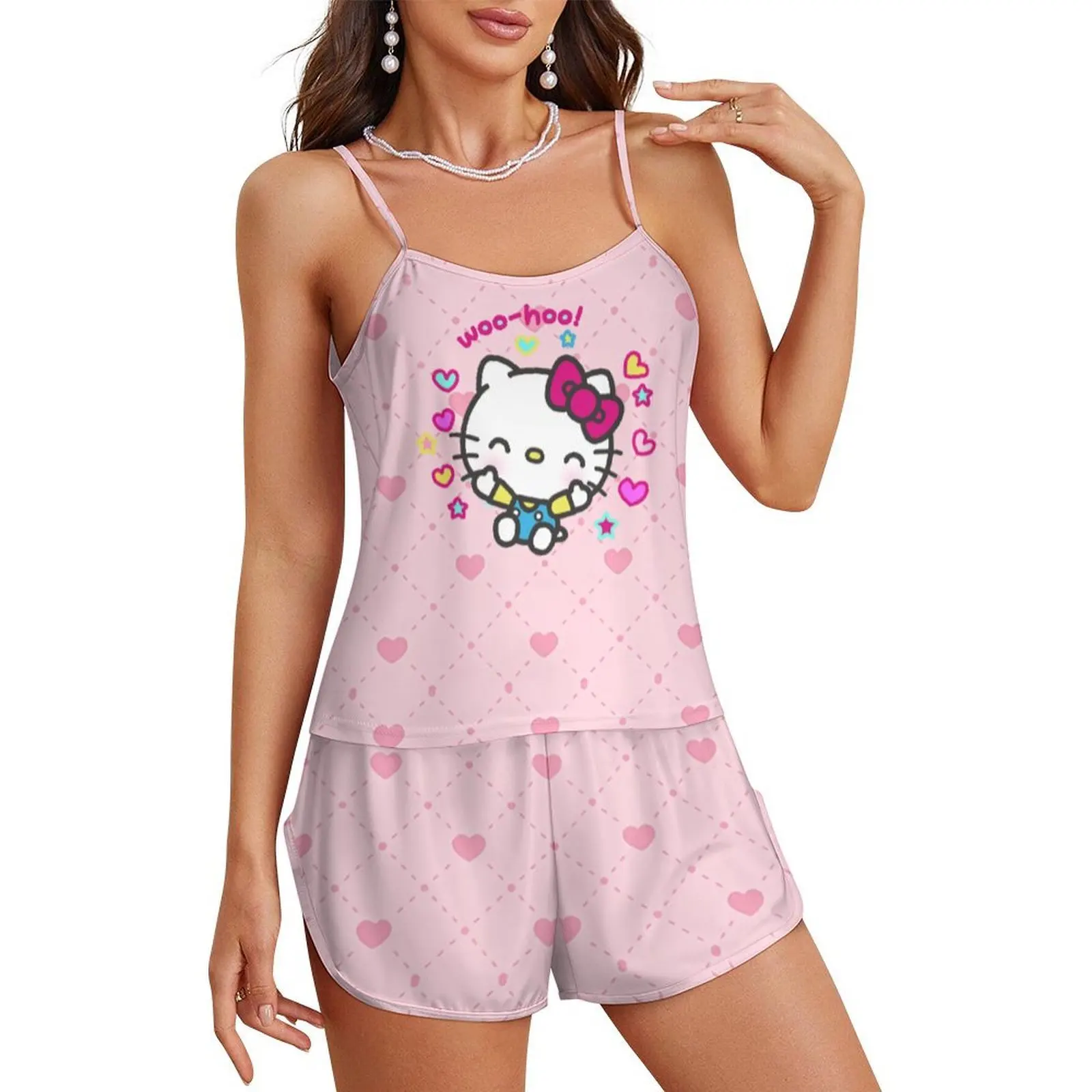 

Hello Kitty Pajama Set Womens Sanrio Cartoon Strap Pyjamas Cute Cat Nightwear Suit Camisole Homewear Soft Sleep Top and Shorts