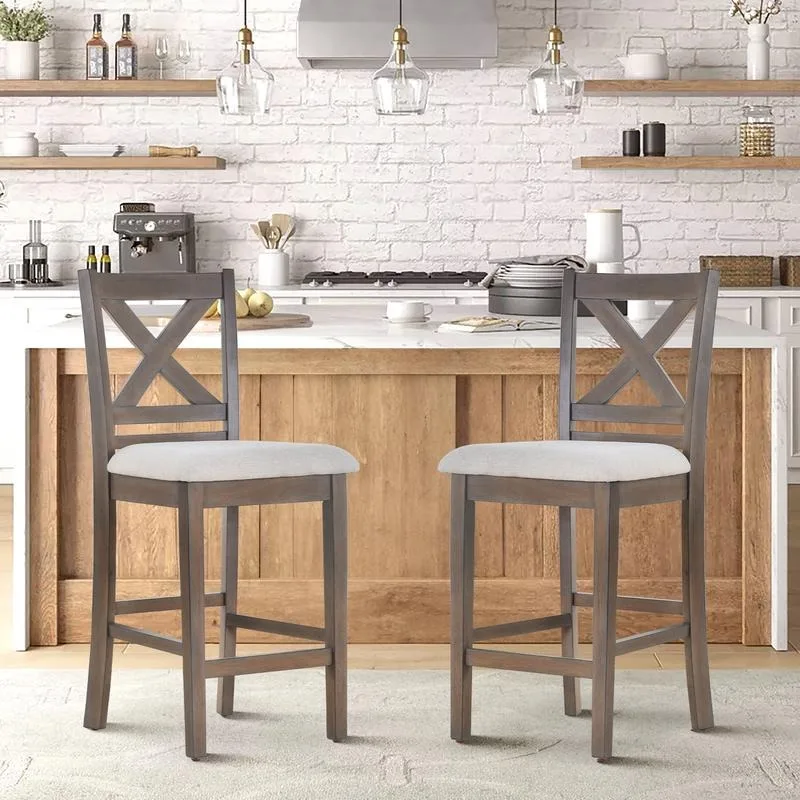 COLAMY Wooden Bar Stools Set of 2, Counter Height Bar Stools, Mid Century Modern Bar Stools with Backs, 25 Inch Upholstered Fabr