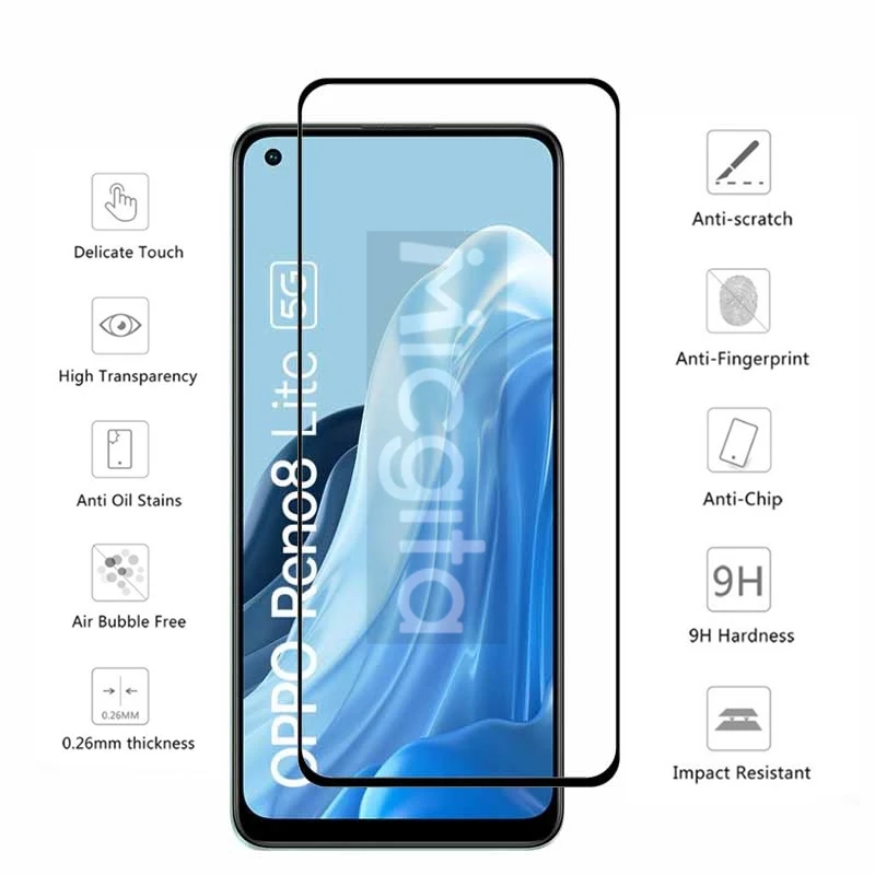 Protector de pantalla de pegamento completo para OPPO Reno 8 Lite 5G vidrio templado antiarañazos para Reno 8 lite película de lente de fibra suave