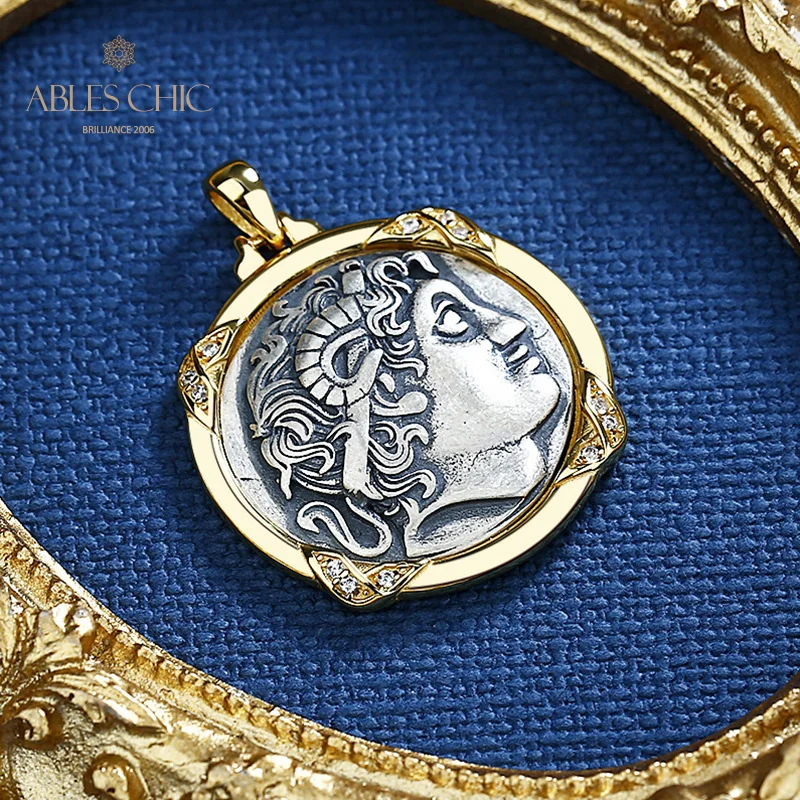 Ables Chic Greek King Alexander Silver Coins Charm Solid 925 Silver Roman Coin Pendant Only N1062