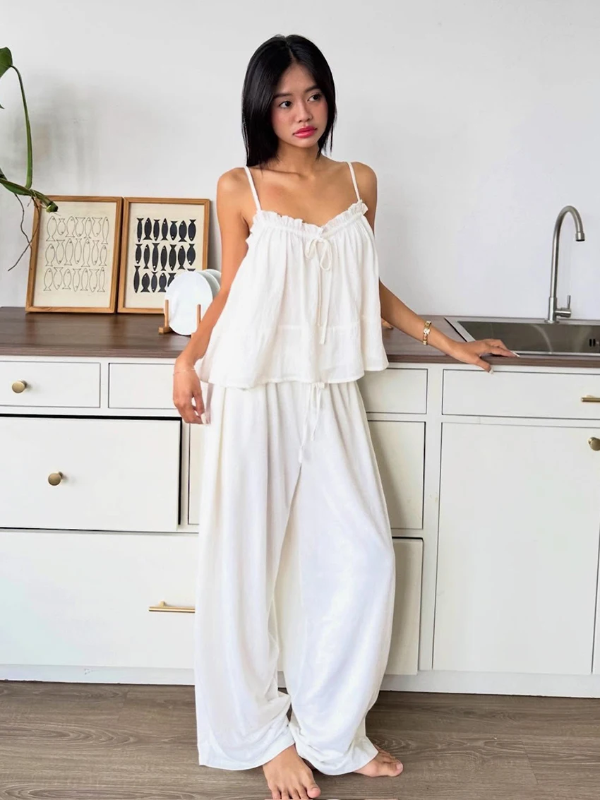 

Marthaqiqi Cotton Female Nightgowns Suit Spaghetti Strap Pajamas Tank Top Sleepwear Backless Nightwear Pants Casual Home Clothes