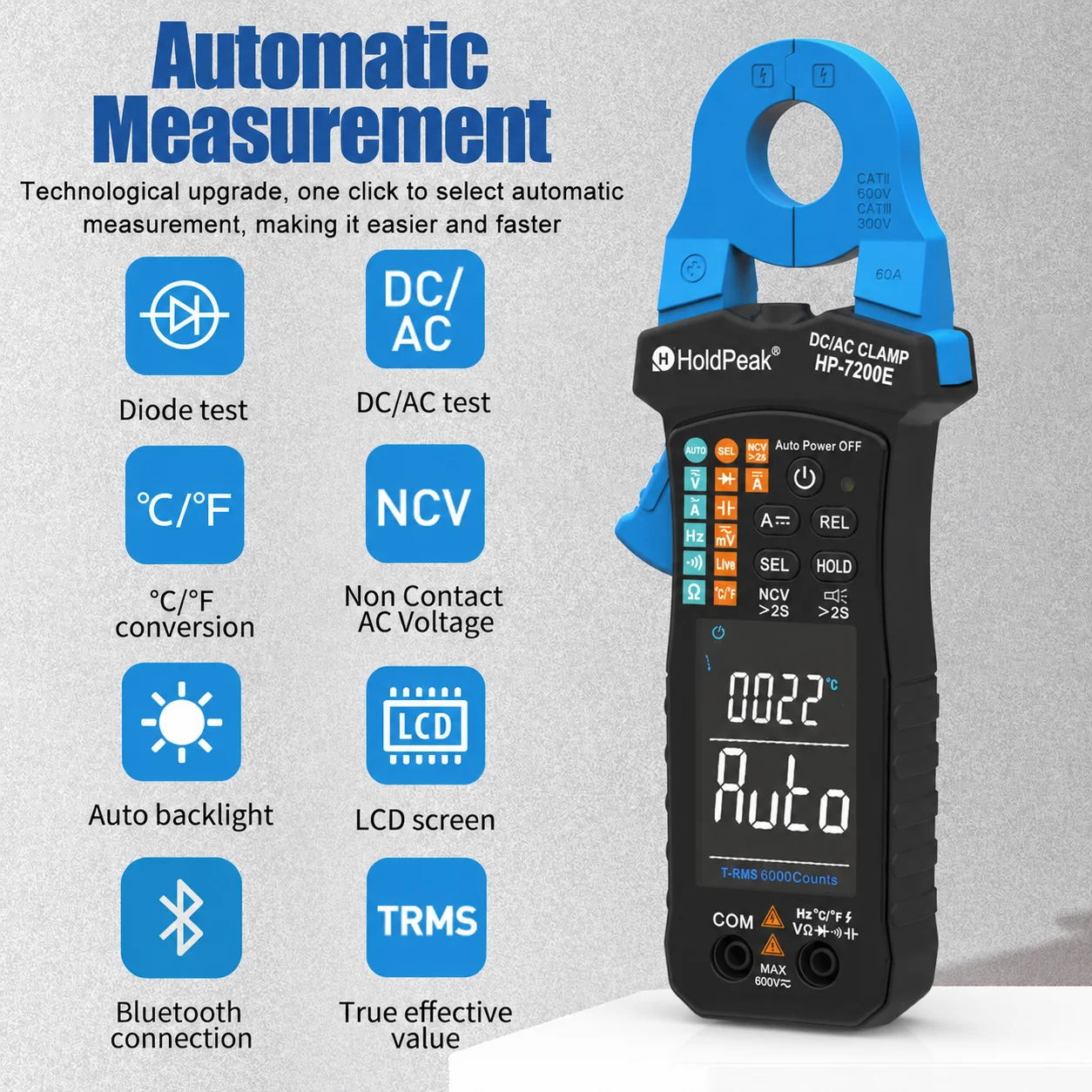 

HP-7200E,AC/DC Clamp Meter 60A Auto Select Multimeter 6000 Counts True RMS NCV Live Wire Tester with Temperature for Electrical