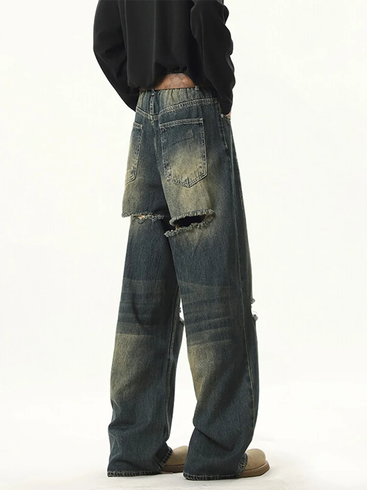 بنطلون جينز فضفاض ممزق واسع الساق من American Sle للرجال بتصميم عصري كاجوال مستقيم من قماش الدنيم الأزرق #4