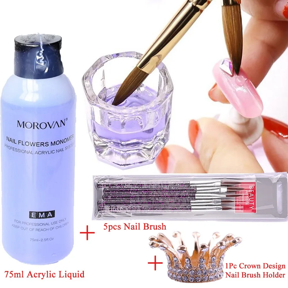 7Pcs EMA Acrylic Liquid Kit 75ml Liquid Monomer + Nail Brush + Pen Holder for Acrylic Powder Manicure Carve Extension Dipping