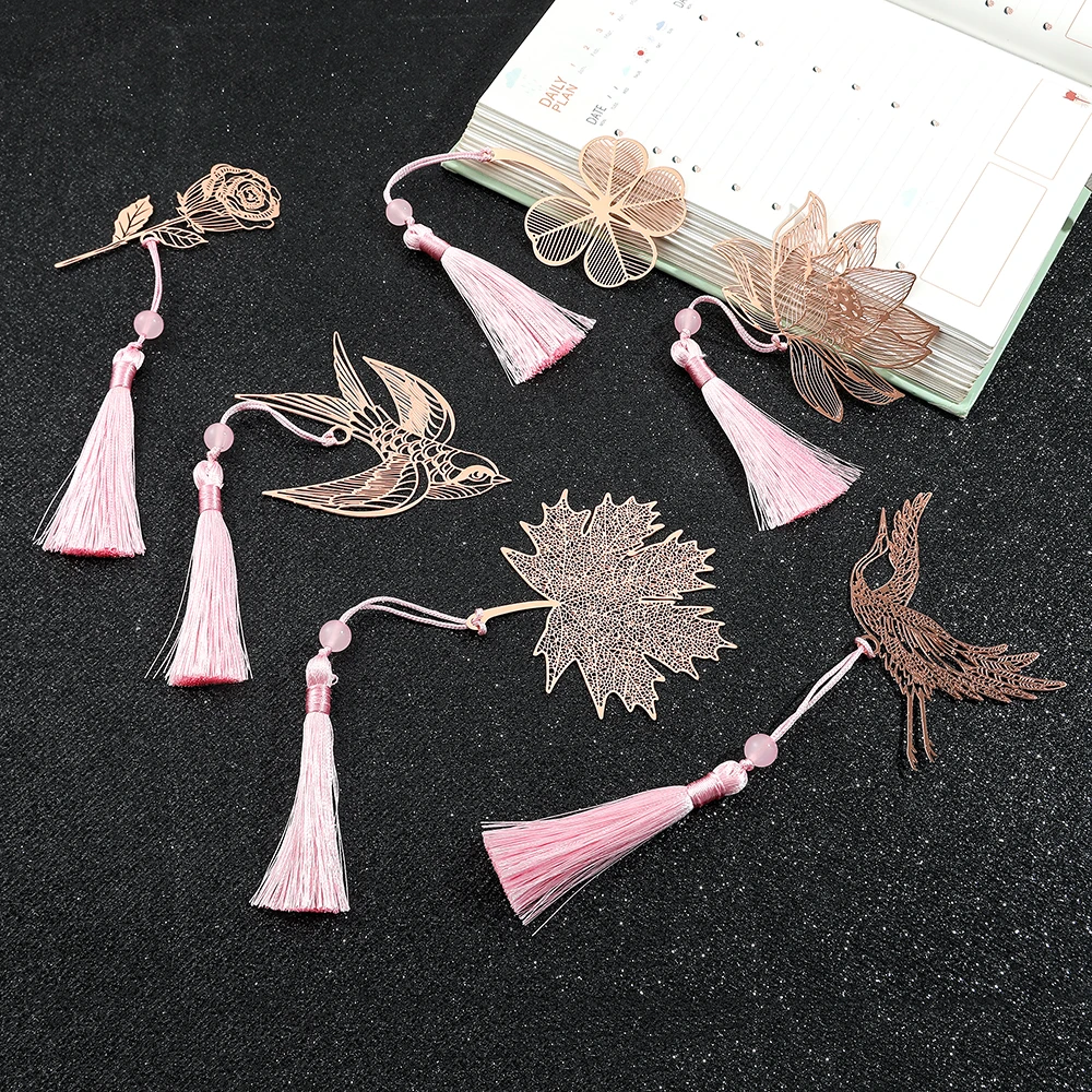 10 Styles Rose Gold Color Hollow Animal Flower Plant Metal Bookmarks with Pink Tassel for Book Lover Mark Gifts Collection