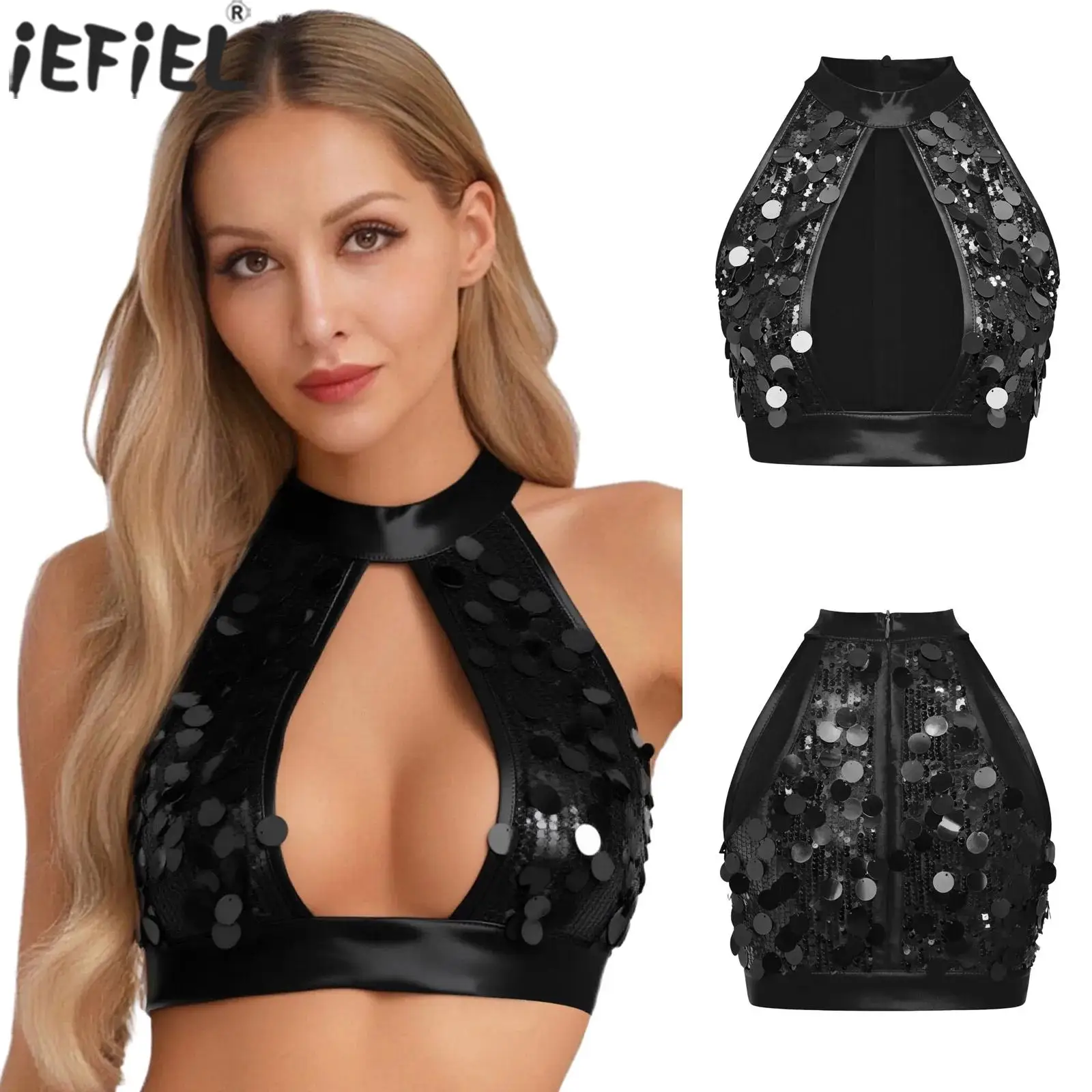 

Женский сексуальный модный укороченный топ-халтер без рукавов с блестками и вырезом спереди, майка-ками для джаза, рейва, дискотеки, танцев, топ-жилет