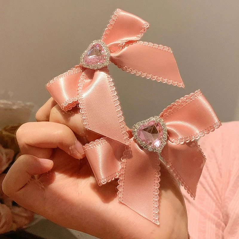 1/2pcs Sweet Pink Bow Hairpin Women Girls Y2K Retro Lace Zircon Heart Hair Clips Barrettes Elegant Crystal Love Headwears Gifts image 3