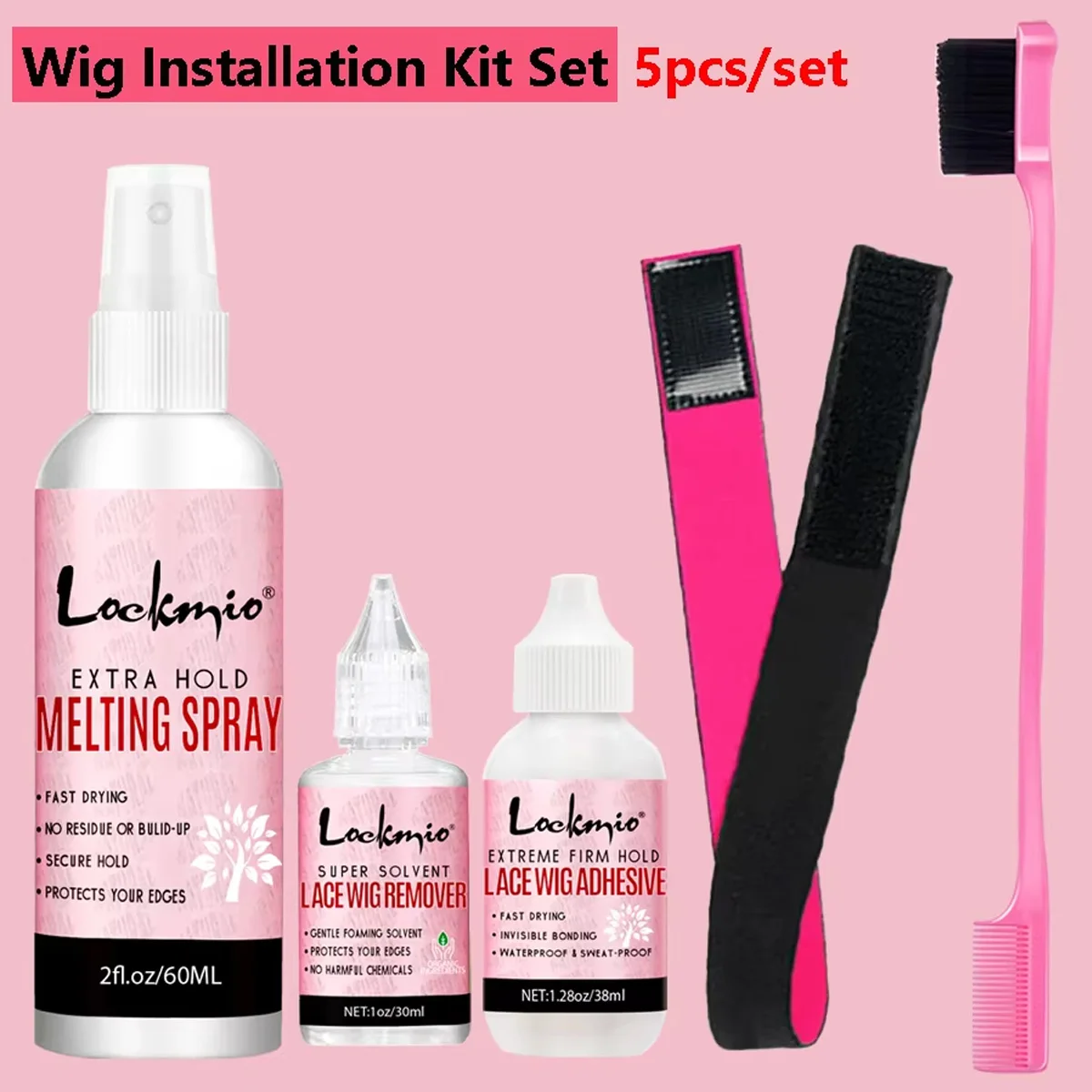 LOCKMIO Melting Spray Waterproof Lace Glue Adhesive Glue Remover & Brush Head Band Wig Installation Kit for Lace Wigs for Women