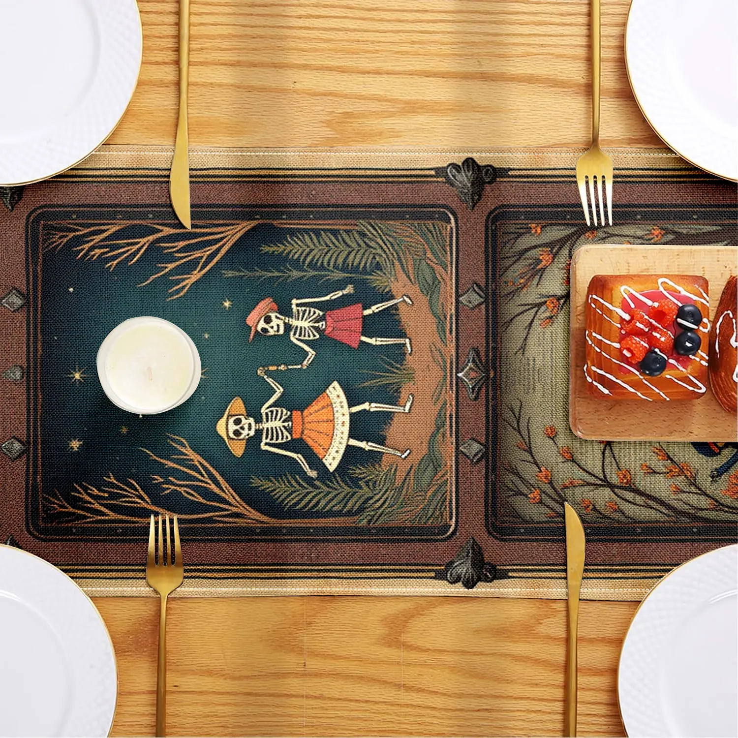 قطعة واحدة من مفرش طاولة قصة الهيكل العظمي الخيالي، يتميز بحدود عتيقة مع غابة قمرية، وهيكل عظمي، ورسوم توضيحية تفاعلية مع نص غامض، ومناسبة لحفلات الهالوين، والمطاعم ذات الطابع الخيالي، والمقاهي الفنية، والديكور الثقافيين الإبداعي، والديكور المنزلي، والمناظر الطبيعيات المظلمة #5