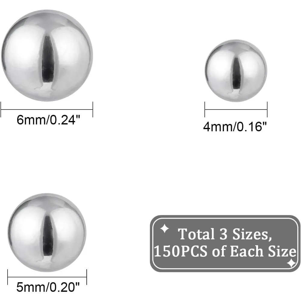 Circa 450 pezzi 3 stili di misurazione per lucidatura perline lucide in acciaio inossidabile 4 ~ 6 mm colpo multimediale per lucidatura senza perline con foro