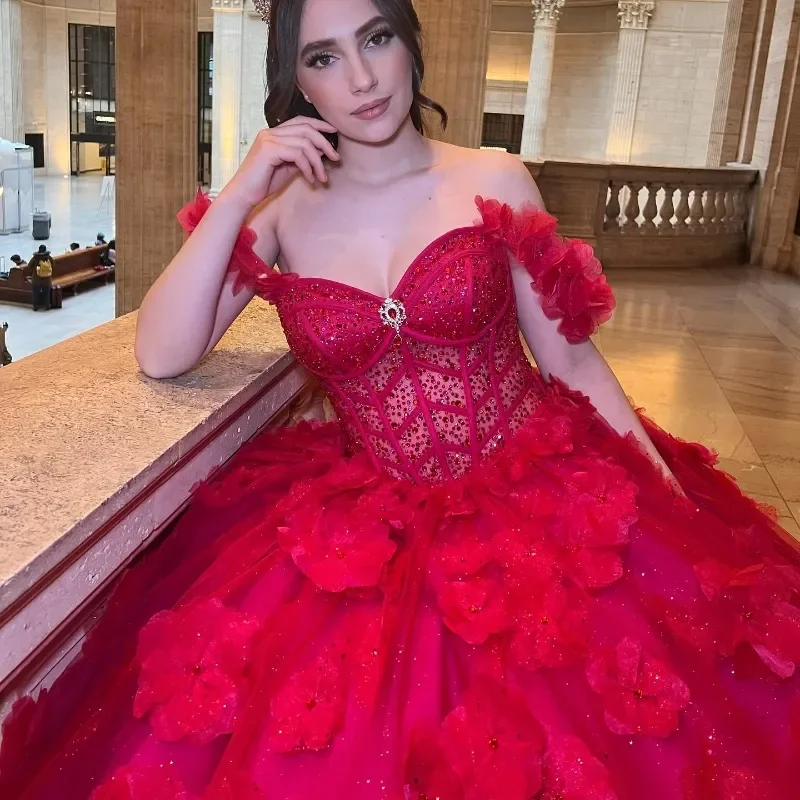 Glanzend Hete Rode Liefje Quinceanera Kleedt Bloemenkralen Van De Schouder Meisjes Populair Corset Vestido De 15 Anos Sweet 16