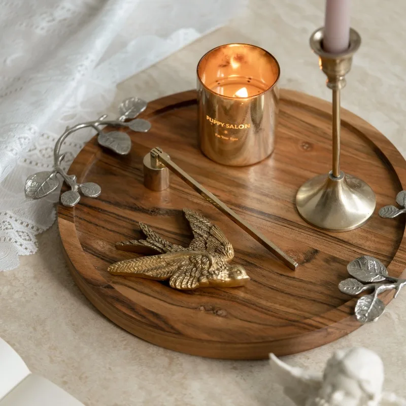 Retro round tray fruit plate imported from India solid wood silver carved handle dining plate decorative storage plate