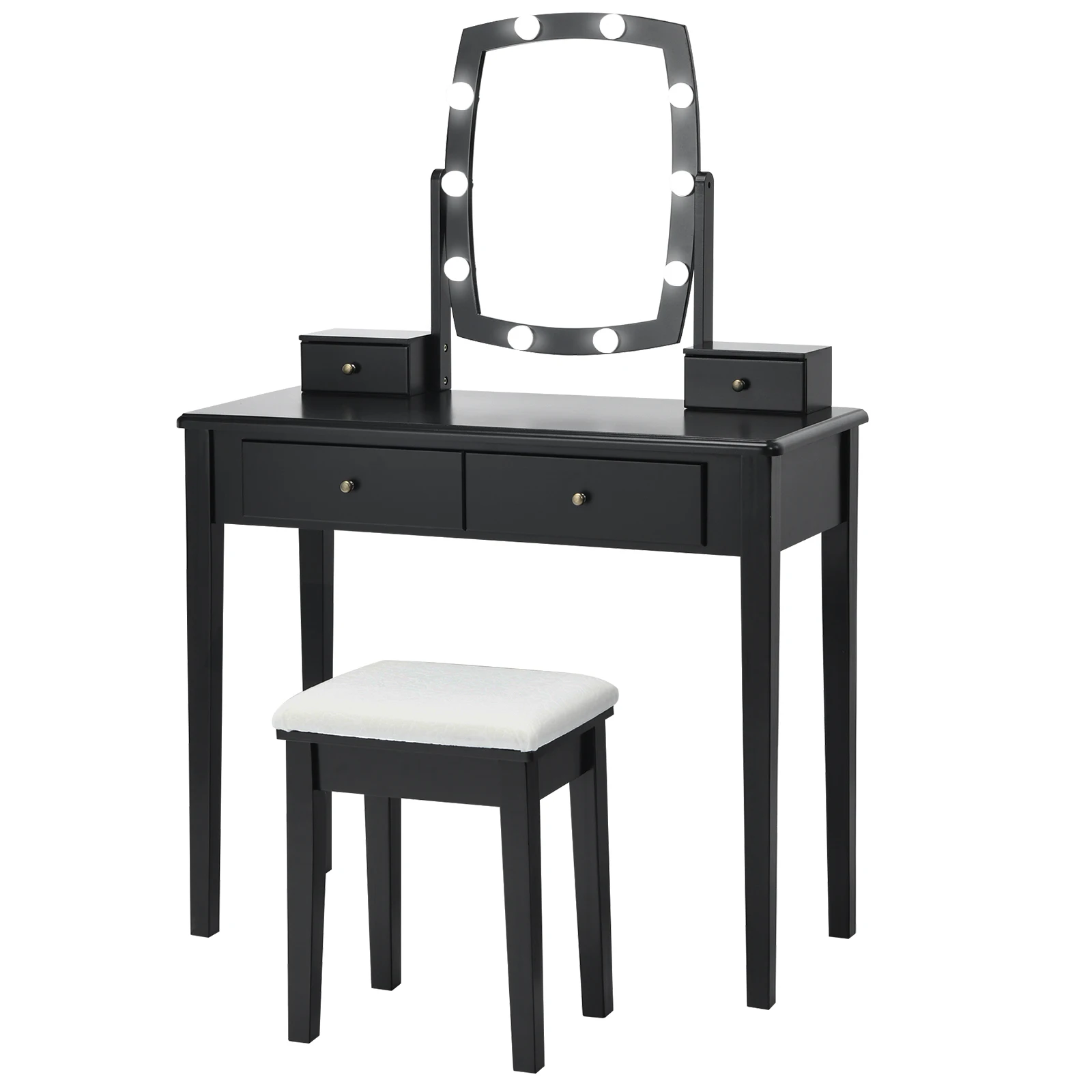 

Vanity Table Set with Lighted Mirror Adjustable 10 Bulbs Dresser 4 Drawer Black