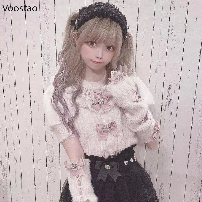 Lolita Pullover lavorato a maglia carino dolce fiocco peluche Oversleeve maglieria top ragazze primavera autunno Kawaii rosa maglione manica