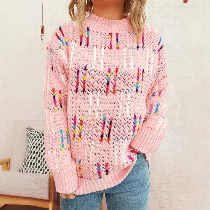 

Autumn Winter Casual Sweaters For Women FashionLoose Warm Round Neck Long Sleeved KnittedContrasting Color Sweet Pullovers