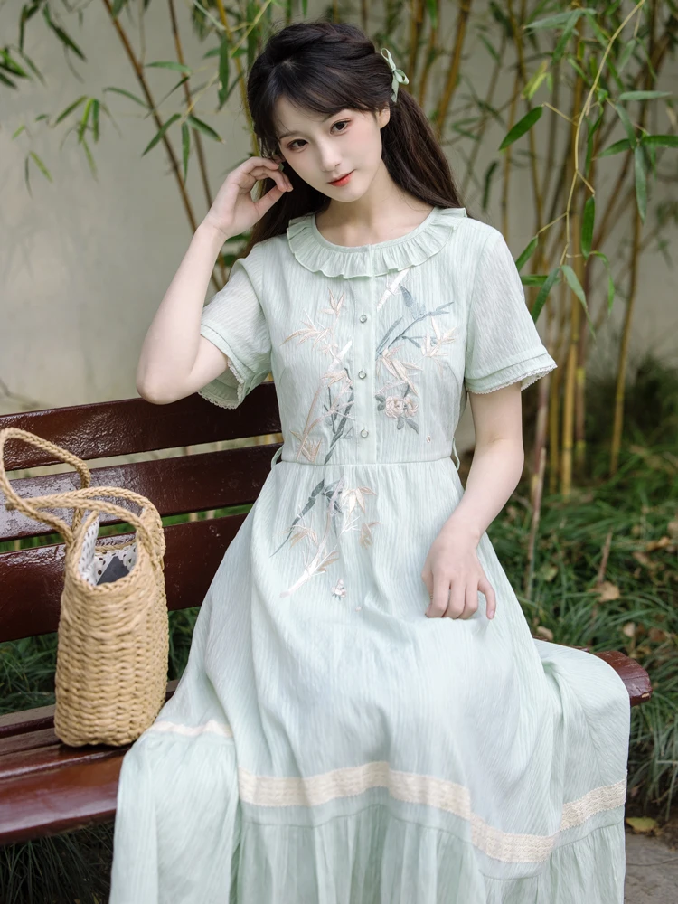 

Женское летнее модное повседневное платье Chuan Dai Iguang с вышивкой, утягивающее талию, в китайском стиле, с коротким рукавом